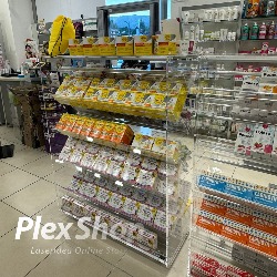 Gondola in plexiglass con ripiani inclinati bifacciali