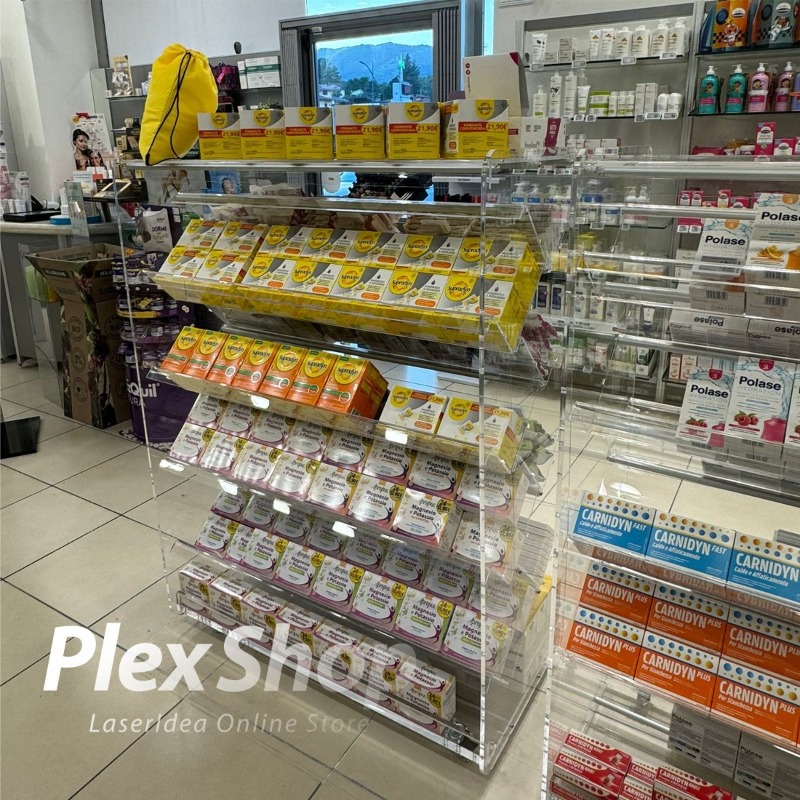 Gondola in plexiglass con ripiani inclinati bifacciali